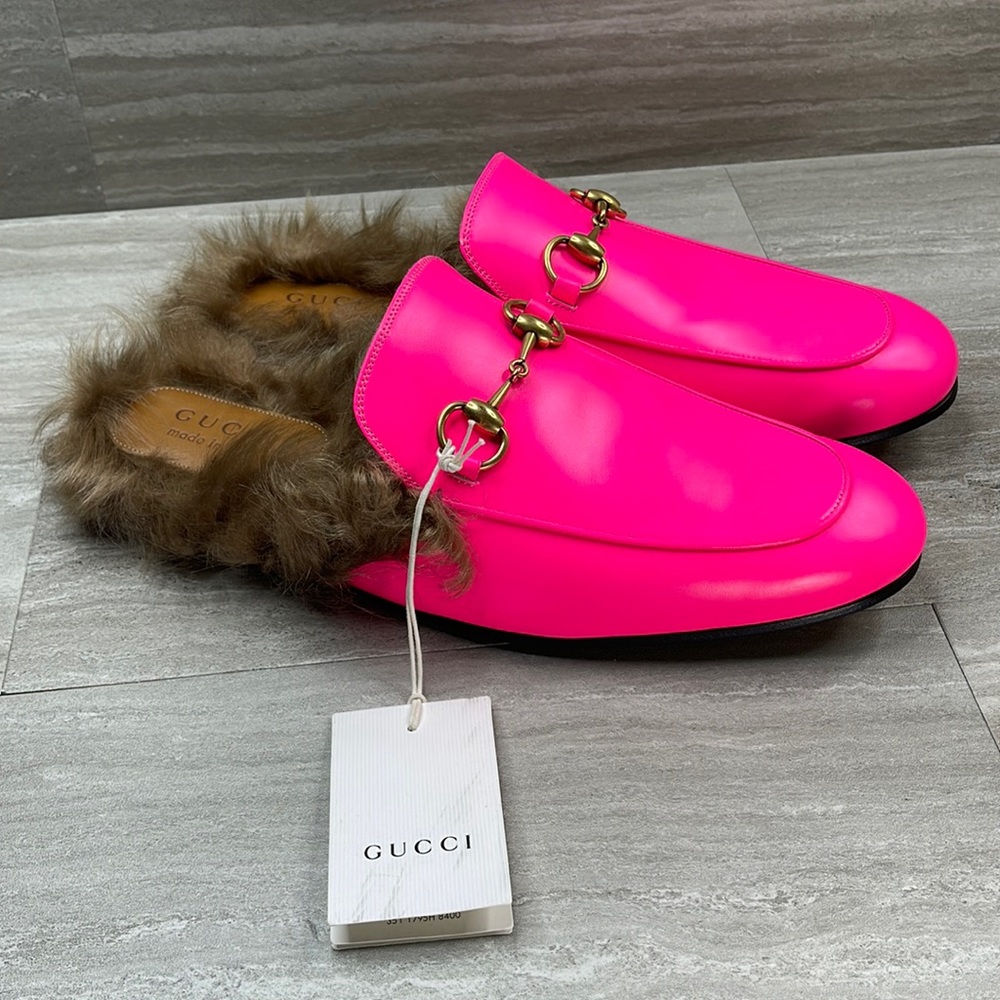 NWT Gucci Princetown Fur Lined Horse-bit Hot Pink Leather Slip On Mules Mens 9